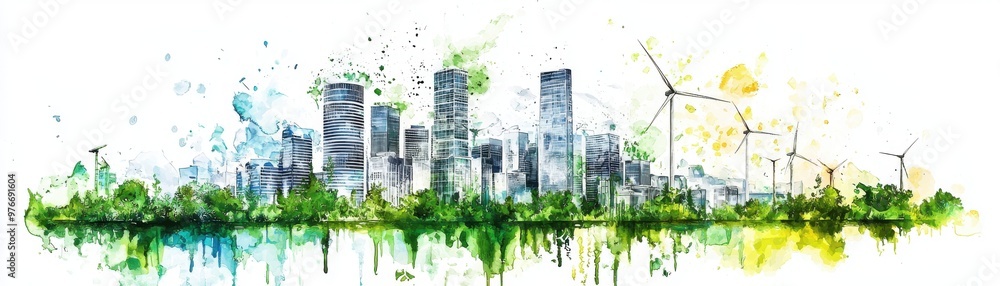 Obraz premium A vibrant urban landscape with wind turbines, representing sustainable development and eco-friendly city planning.