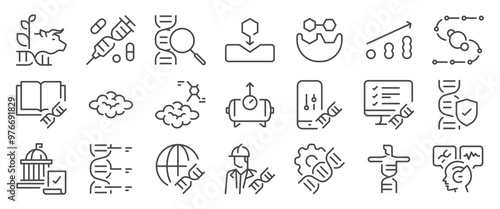 Genomics icon set. It included genomic, dna, genes, biology, and more icons. Editable Vector Stroke.
