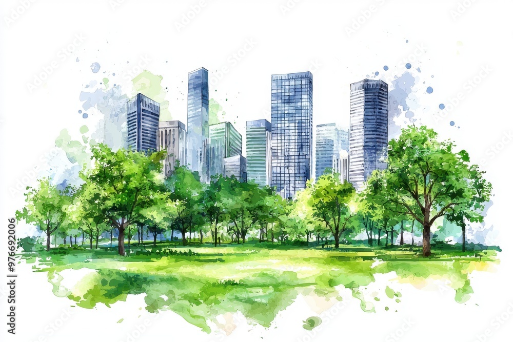 Obraz premium A vibrant watercolor painting of a city skyline framed by lush green trees in a serene park setting.
