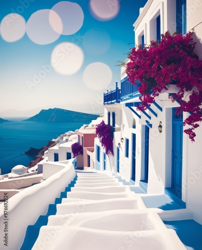 Retro illustration of a street on the island of Santorini. Blue and white are pastel and saturated. This street, which leads down to the Aegean Sea, looks like a poster from the 1950s and 60s, with bo