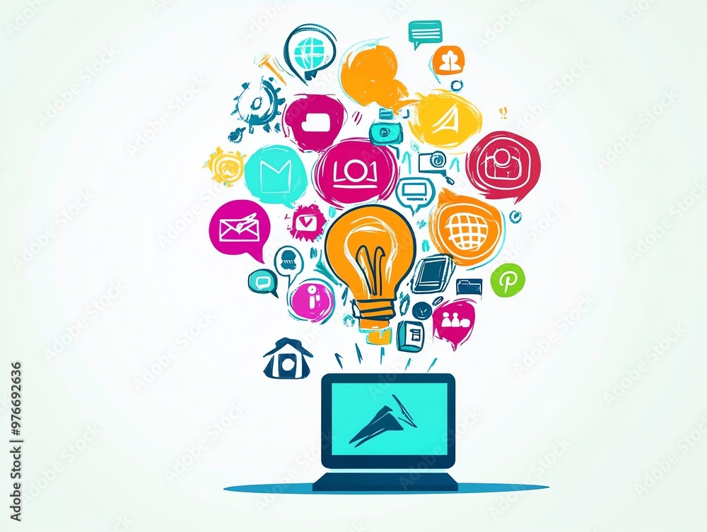 Creative idea concept with colorful icons, light bulb, and laptop illustration representing innovation, technology, and digital space. Creative idea concept with colorful icons, light bulb, and laptop illustration representing innovation, technology, and digital space.