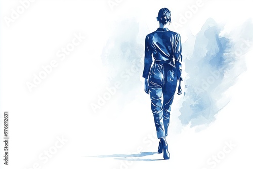 Stylish woman walking away in a blue outfit, showcasing elegance and confidence in a modern artistic illustration. photo