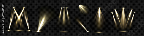 White spotlight beam with overlay effect to illuminate stage or product podium. Realistic 3d vector set of scene projector light ray on transparent background for winner award and presentation.
