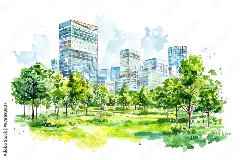 Obraz premium Vibrant watercolor illustration of a modern city skyline surrounded by lush green trees and open green spaces.