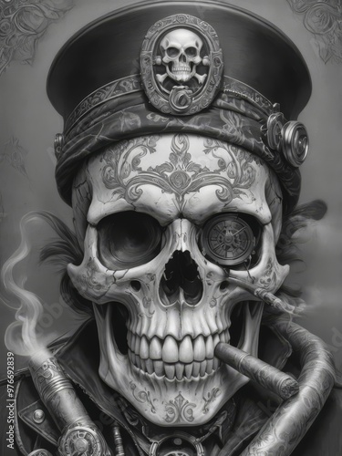 Black and white illustration of a skull wearing a steam punk hat, smoking a cigar. The skull is highly detailed, with deep eye sockets steam punk glasses, prominent cheekbones, and a visible crack on 