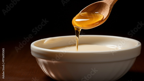 Honey dripping from a wooden spoon into a white bow