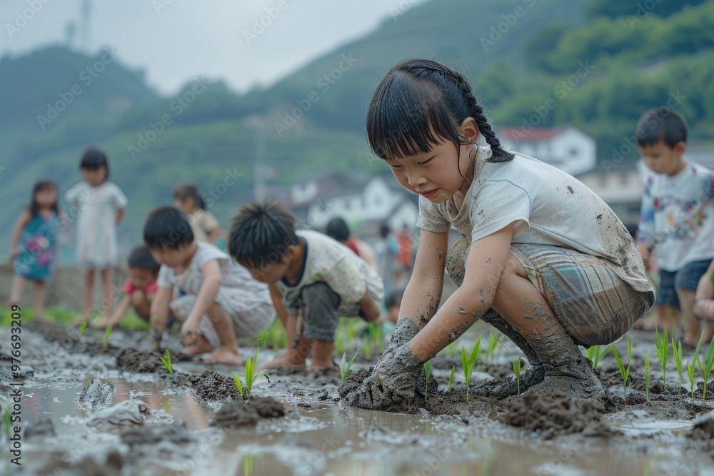 Several children are learning to plant rice seedlings in the field