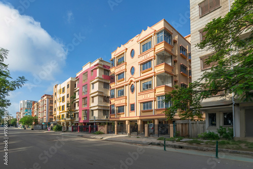 Residential apartment buildings with city road at Rajarhat area of Kolkata, India.