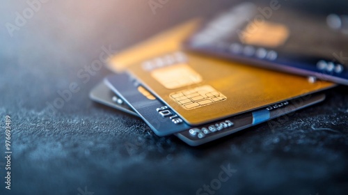 Table with plastic credit cards in macro perspective