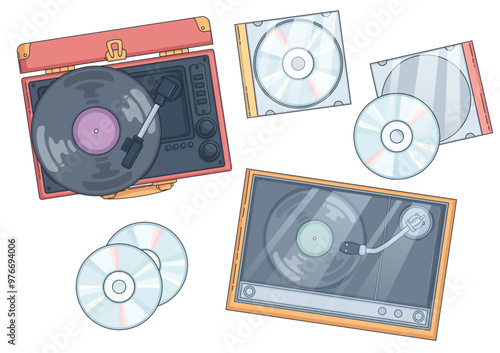 Vintage record players set isolated on white background. Contemporary vector cartoon illustration of retro vinyl on gramophone, CD discs in plastic boxes, music equipment, nightclub dj turntable