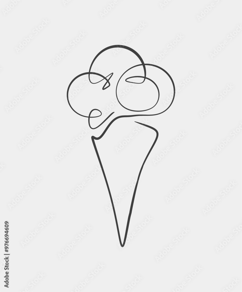 A simple minimalist line art drawing of a soft serve ice cream cone in black on a light background. A simple minimalist line art drawing of a soft serve ice cream cone in black on a light background.