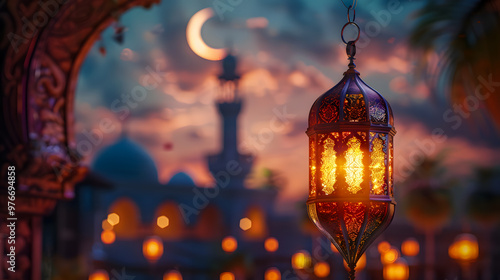 Illuminated lamp of Ramadan Kareem. Lantern with serene mosque background. Night sky with crescent moon