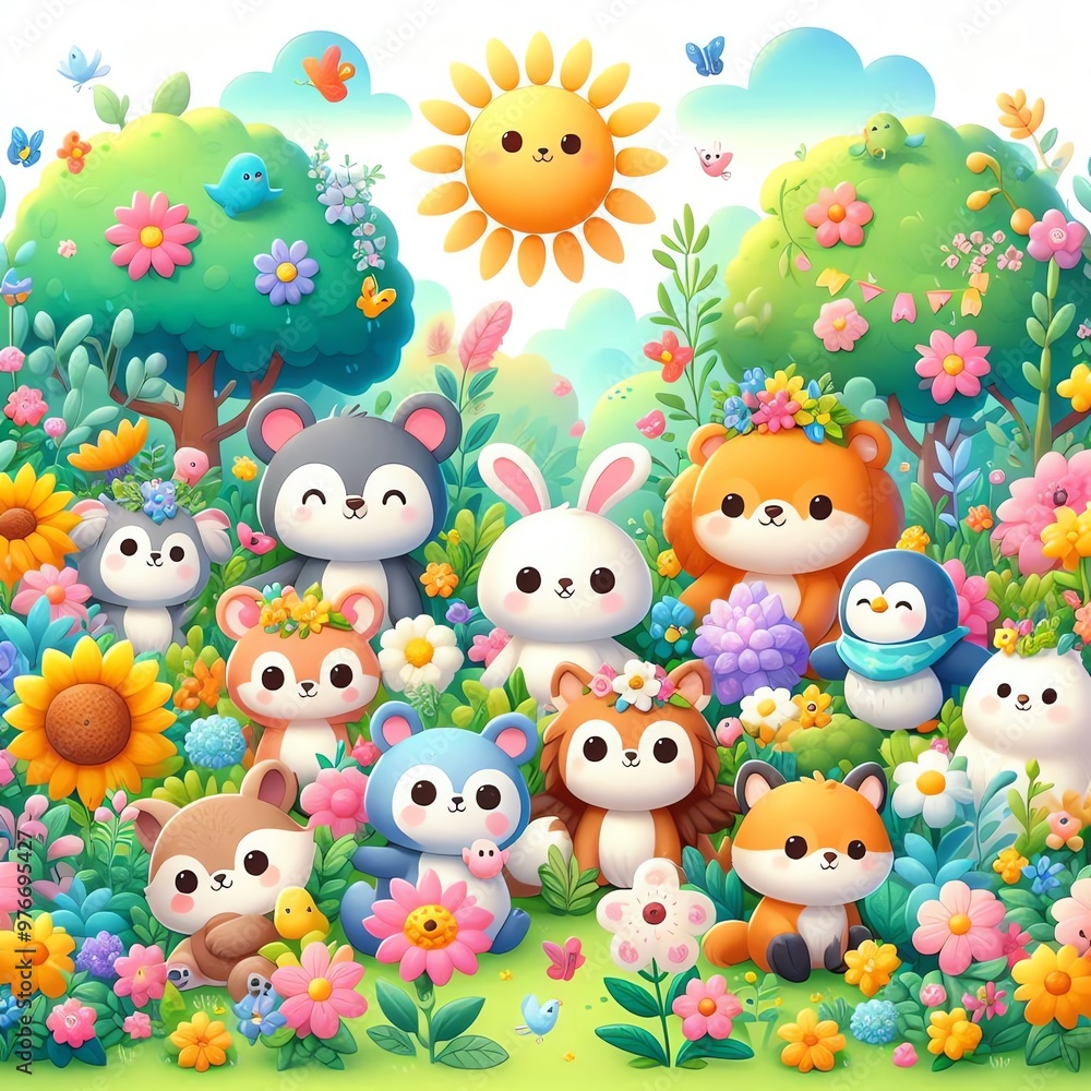 Naklejka premium Adorable Animals Gathered in a Colorful, Blooming Garden