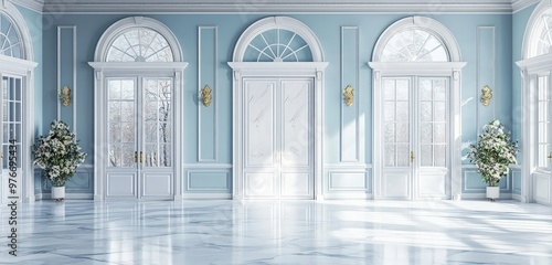 Manor-style hall with frost white marble and blue panels, Swedish design.