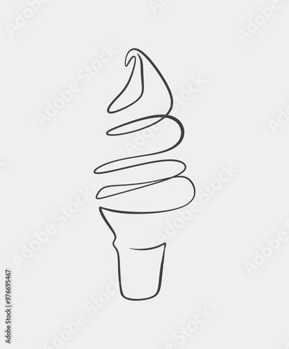 A simple minimalist line art drawing of a soft serve ice cream cone in black on a light background.