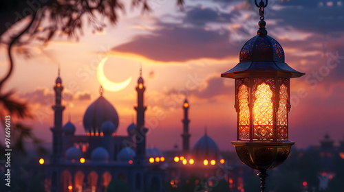 Illuminated lamp of Ramadan Kareem. Lantern with serene mosque background. Night sky with crescent moon