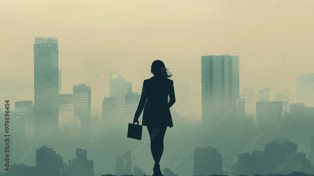 A silhouette of businesswoman holding briefcase stands against city skyline, embodying ambition and determination in modern urban environment A silhouette of businesswoman holding briefcase stands against city skyline, embodying ambition and determination in modern urban environment