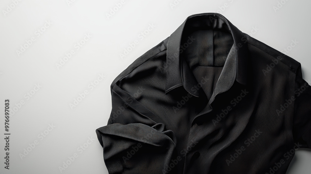 A realistic black shirt neatly folded on crisp white surface, showcasing its smooth texture and elegant design. shirt exudes sense of sophistication and style A realistic black shirt neatly folded on crisp white surface, showcasing its smooth texture and elegant design. shirt exudes sense of sophistication and style