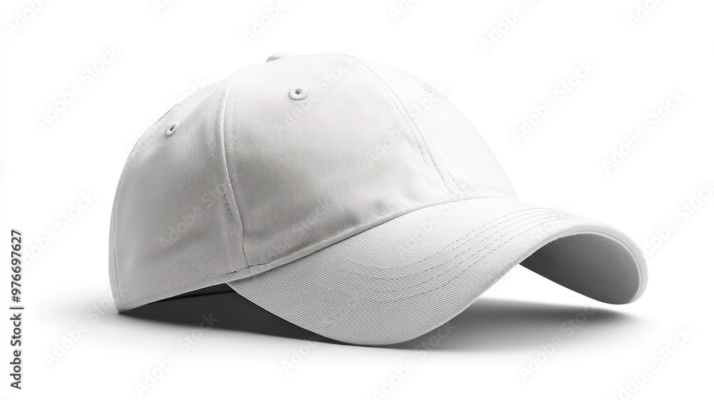 A simple white baseball cap with a curved brim and adjustable back. A simple white baseball cap with a curved brim and adjustable back.