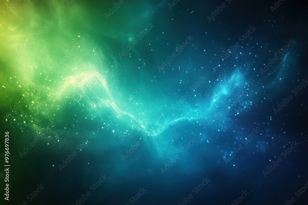 A mesmerizing abstract space background featuring vibrant colors of green and blue with sparkling stars and ethereal clouds. A mesmerizing abstract space background featuring vibrant colors of green and blue with sparkling stars and ethereal clouds.