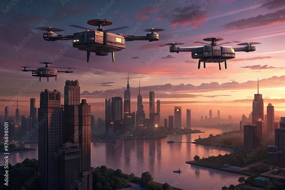 Autonomous delivery drones flying over a hyper-modern city at twilight, with vivid skies and reflections. Autonomous delivery drones flying over a hyper-modern city at twilight, with vivid skies and reflections.