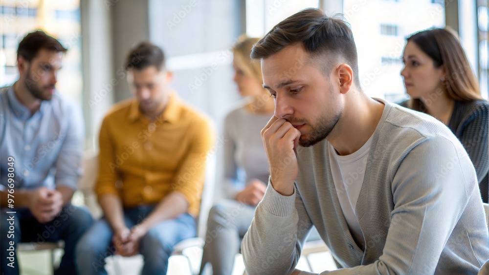 Depressed Individual at Meeting - A distressed man at a mental health support session.
Depressed Individual at Meeting - A distressed man at a mental health support session.