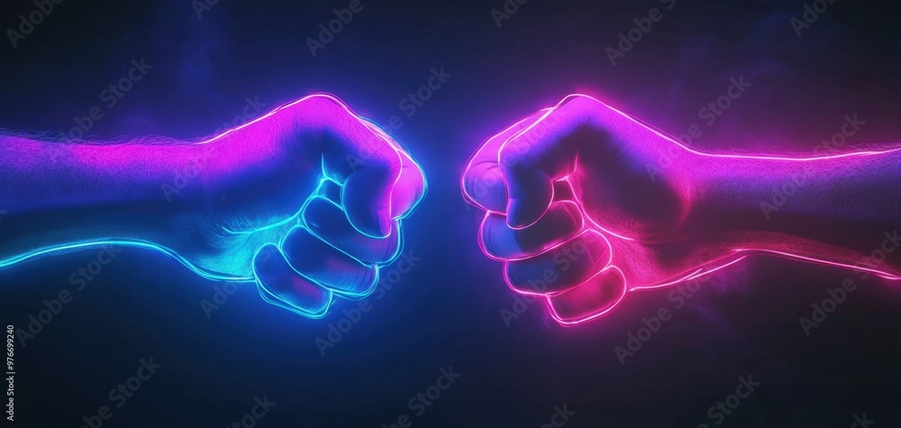 Two hands glowing with neon blue and pink lights are about to fist bump, representing unity and teamwork in a dark background. Two hands glowing with neon blue and pink lights are about to fist bump, representing unity and teamwork in a dark background.