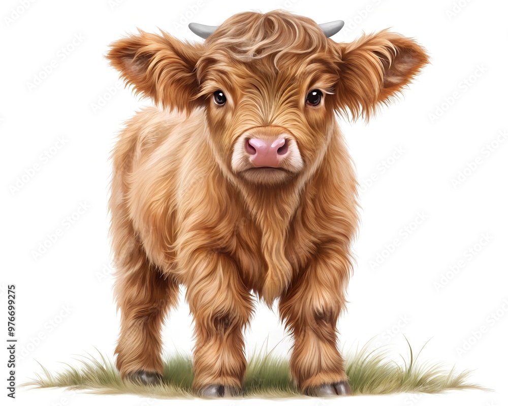 Baby highland cow realistic illustration isolated on white background Baby highland cow realistic illustration isolated on white background