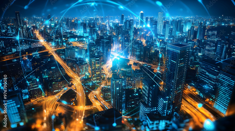 Aerial View Of Cityscape Shows Interconnected Network At Night Aerial View Of Cityscape Shows Interconnected Network At Night