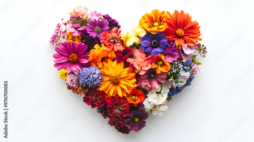 A vibrant bouquet of multicolored flowers arranged in the shape of a heart on a white background A vibrant bouquet of multicolored flowers arranged in the shape of a heart on a white background