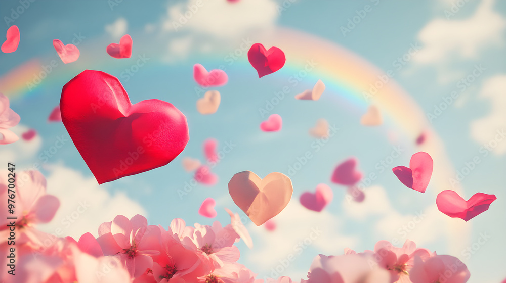 A whimsical scene with heart-shaped flower petals falling from the sky with a faint rainbow in the background A whimsical scene with heart-shaped flower petals falling from the sky with a faint rainbow in the background