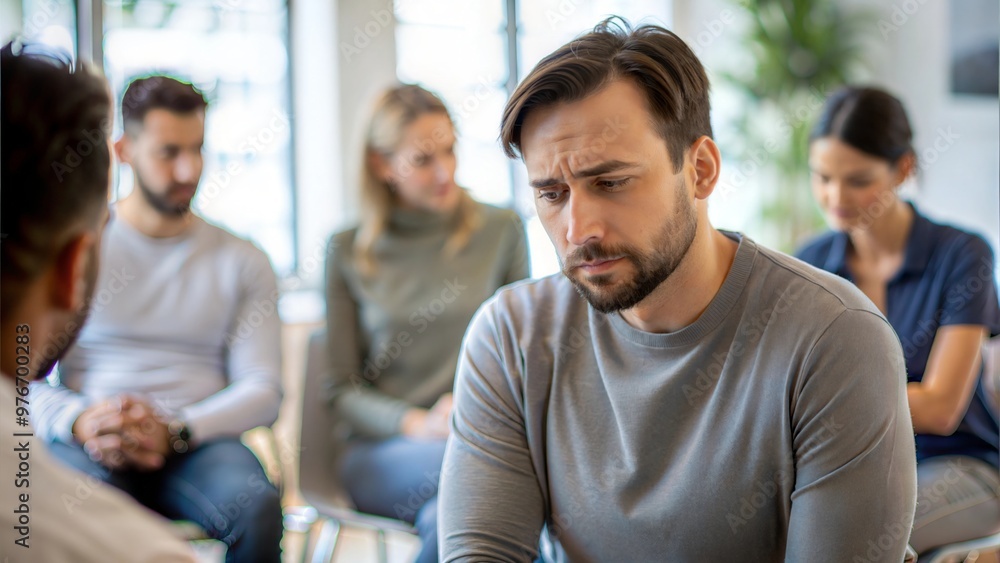 Sad Participant in Therapy Group - A sad man participating in a therapy group session.
Sad Participant in Therapy Group - A sad man participating in a therapy group session.