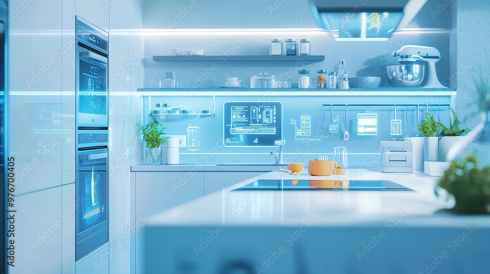 3D illustration of a smart home kitchen with energy-efficient appliances, touch-screen interfaces displaying energy metrics, set on a soft pale blue background, focusing on eco-conscious living 3D illustration of a smart home kitchen with energy-efficient appliances, touch-screen interfaces displaying energy metrics, set on a soft pale blue background, focusing on eco-conscious living