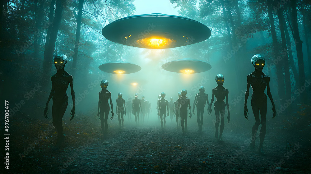 Extraterrestrial Beings Emerge from Foggy Forest Underneath Glowing UFOs Extraterrestrial Beings Emerge from Foggy Forest Underneath Glowing UFOs