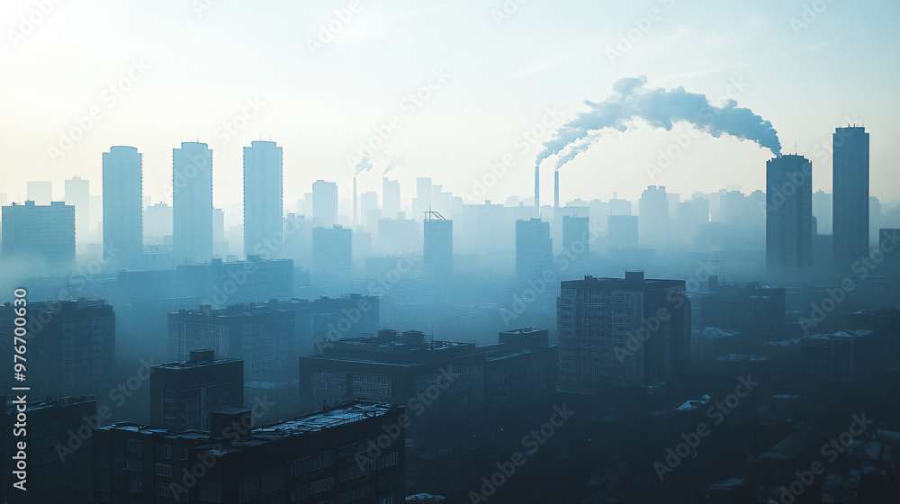 An image of urban areas with increased air pollution and smog due to industrial activities. An image of urban areas with increased air pollution and smog due to industrial activities.