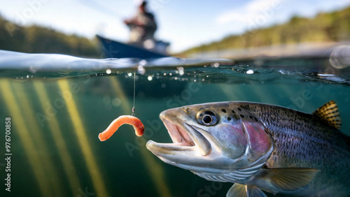 Underwater view of trout chasing lure. Nature scene in clear river. Fishing adventure. Outdoor recreational activity. Perfect for enthusiasts, magazines, posters with copy space.