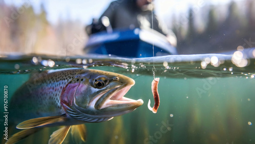 Trout underwater perspective. Dynamic nature scene. Excitement of fishing. Perfect for outdoor enthusiasts. Advertisement creation. Close-up with copy space.