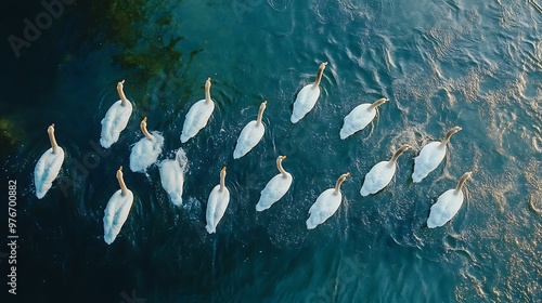 Fototapeta Naklejka Na Ścianę i Meble -  Aerial perspective of a group of swans on water, showcasing their synchronized patterns and natural beauty from above.