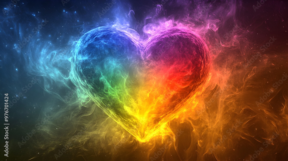 A glowing heart in the center, with a rainbow bursting out from within it A glowing heart in the center, with a rainbow bursting out from within it