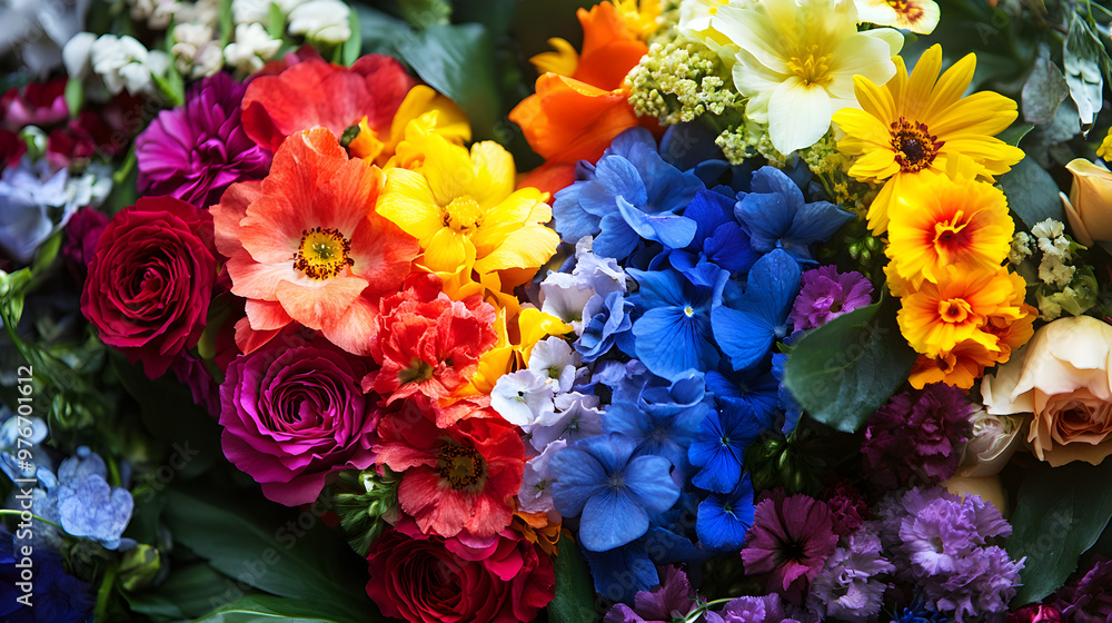 A variety of flowers in rainbow colors arranged together to form a heart A variety of flowers in rainbow colors arranged together to form a heart