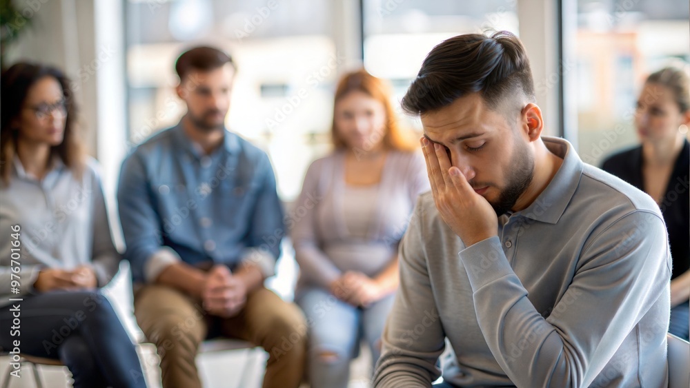 Man in Mental Health Support Group - A sad man surrounded by other attendees in a support group.
Man in Mental Health Support Group - A sad man surrounded by other attendees in a support group.