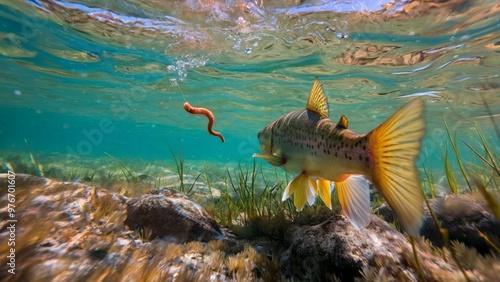 Underwater scene with fish and worm. Vibrant nature. Fishing adventure. Aquatic concept. For outdoor enthusiasts, nature posters, wallpaper design. Dynamic closeup with copy space.