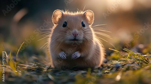 Curious Mouse Poses with Tiny Paws on Lush Green Grass at Sunset