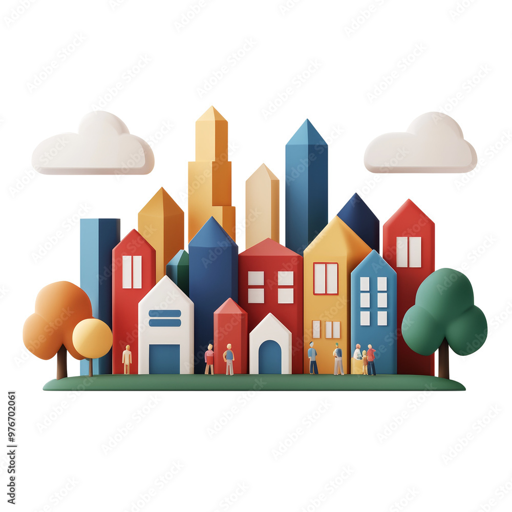Colorful paper cut out cityscape with houses and trees, depicting community life Colorful paper cut out cityscape with houses and trees, depicting community life