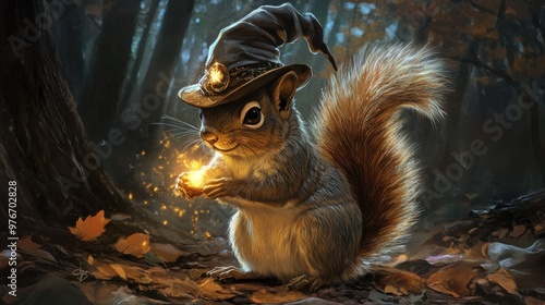 Wallpaper Mural A squirrel wearing a witch's hat is holding a glowing object Torontodigital.ca