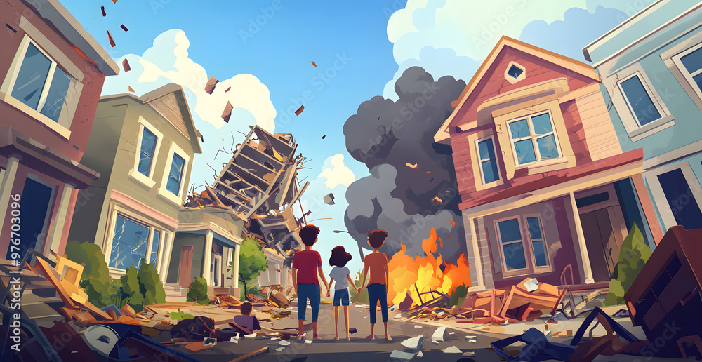 Family Standing Outside House on Fire, Watching Flames and Smoke from Roof, design Family Standing Outside House on Fire, Watching Flames and Smoke from Roof, design