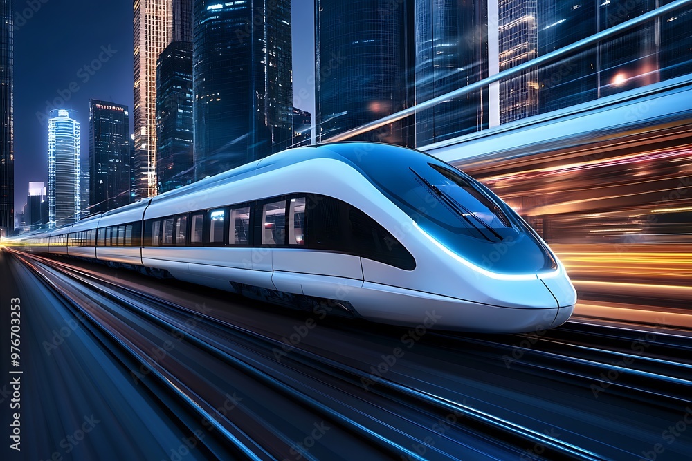 Fototapeta premium Futuristic high-speed train racing through a modern city at night, with blurred lights showcasing the speed and innovation of advanced transportation.