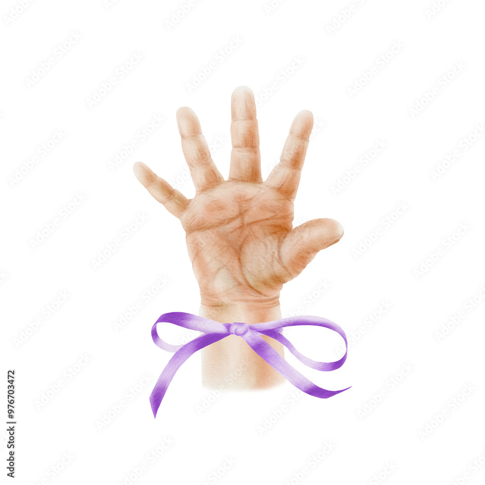 Obraz premium Open small palm of a newborn baby with purple ribbon as a symbol of World Prematurity Day, new life, birth,motherhood,family and love. Watercolor illustration isolated transparent background