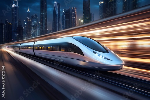Futuristic high-speed train racing through a modern city at night, with blurred lights showcasing the speed and innovation of advanced transportation.