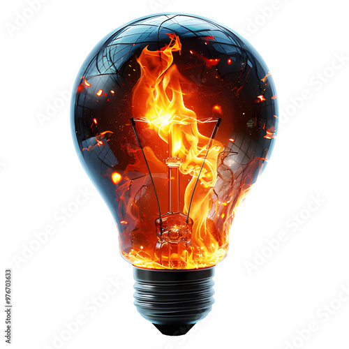 Electrical light bulb with fire flames at night time isolated on cut out PNG or transparent background. Idea on topic of electricity of alternative solar energy. Idea and imagination concept.  photo